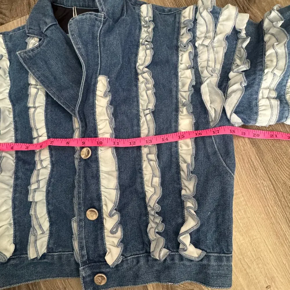 Cropped Ruffle Sleeve Denim Jacket Made Italy Parisian Couture Chic 36 - Picture 4 of 13